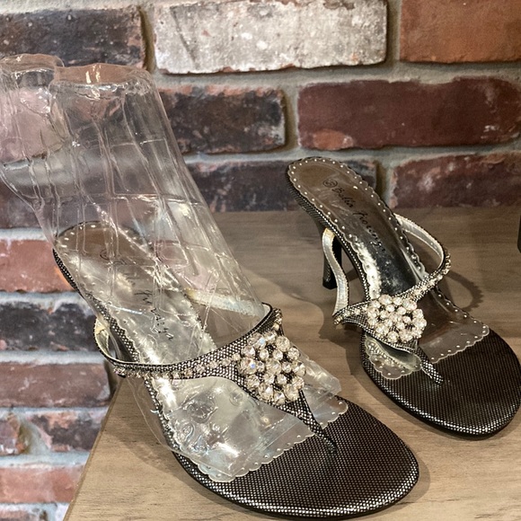 Bella Fiorenza Shoes - Dressy Kitten Heel Thong Sandal with Rhinestone Decorations